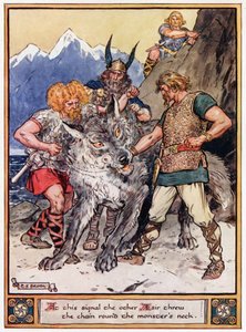 「この信号で、もう1つのAesirがモンスターの首に鎖を投げた」、イラストは「アスガルドの英雄、スカンジナビア神話の物語」、A und E Keary、1930年 作： Charles Edmund Brock
